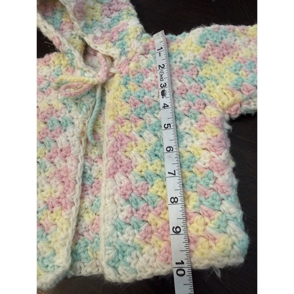 Handmade Crochet Baby Cardigan Hooded Pastel Variegated Pink Blue Yellow Sweater - Picture 4 of 7